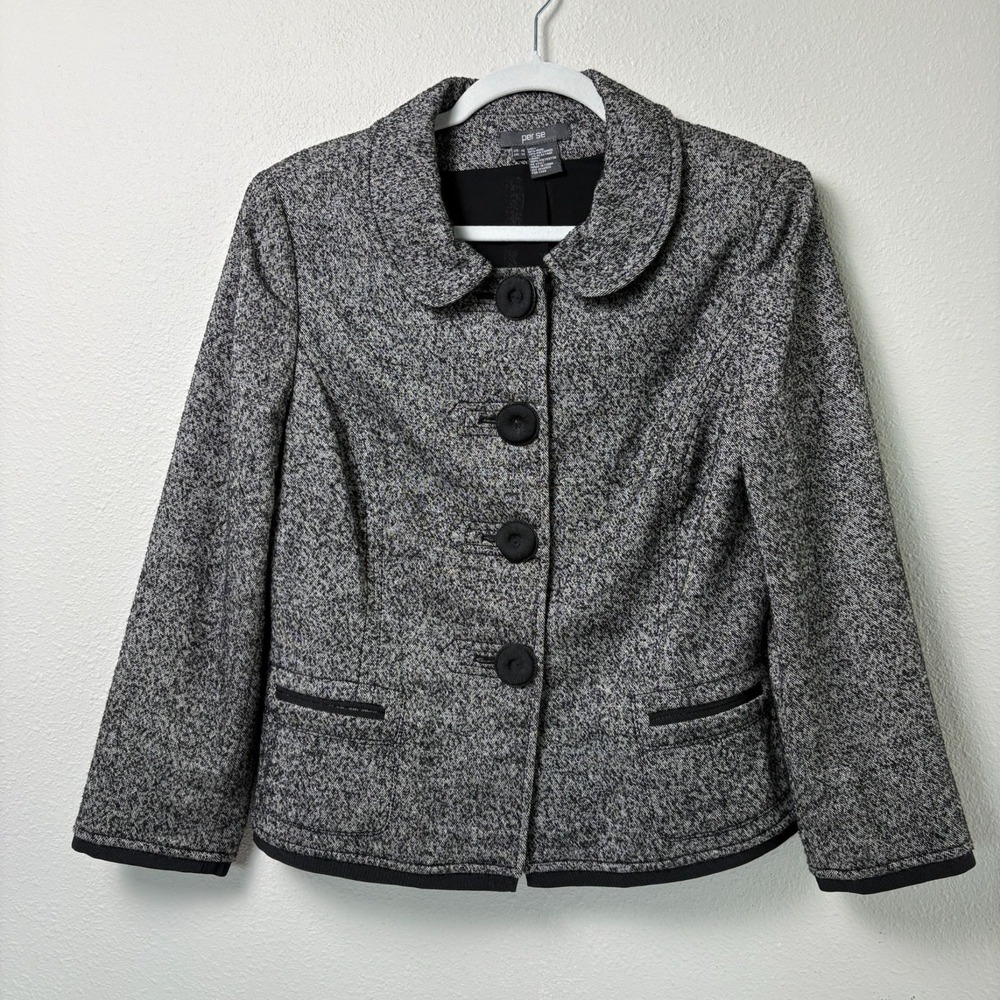 Per Se Tweed Blazer Women 10 Black White Wool Blend Big Button Office Career